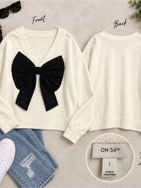On 34th Ivory Sweatshirt Black Oversized Bow V Neck Women’s Large